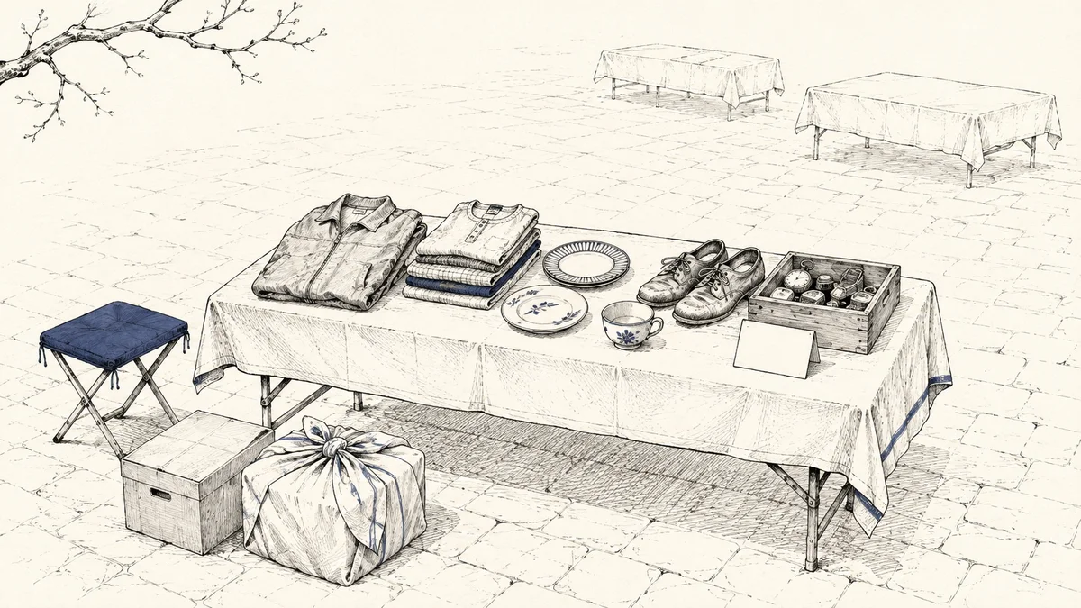Pen-and-ink drawing of a single flea-market pitch on a paved square, empty of people: a cloth-covered folding table holding a folded jacket, a stack of knitwear, three plates, a teacup, a pair of worn shoes, a wooden crate of small objects and a blank paper price card, with a folding stool, a box and a cloth-wrapped bundle on the ground beside it.