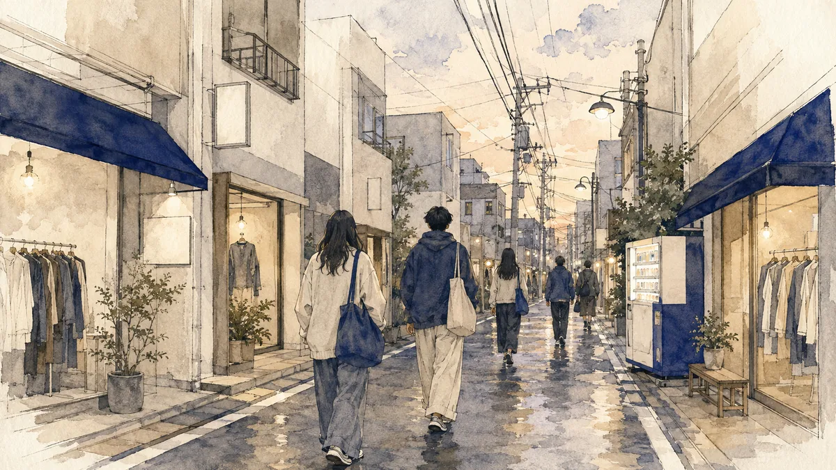 夕方の東京の細い路地。両側に小さな服屋が並び、数人が後ろ姿で歩いている水彩の挿絵